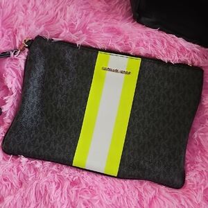 Michael Kors Black Pouch with Neon Yellow and White Stripe